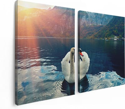 Artaza Canvas Schilderij Tweeluik Zwaan op het Water in de Bergen - 120x80 cm - Wanddecoratie Woonkamer - Schilderijen - Muurdecoratie