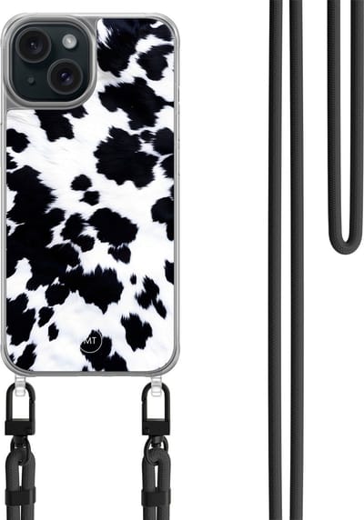 Hoesje met koord geschikt voor iPhone 14 - Koeienprint - Inclusief zwart koord - Crossbody beschermhoes - Transparant, Zwart, Wit - Mooie Telefoonhoesjes