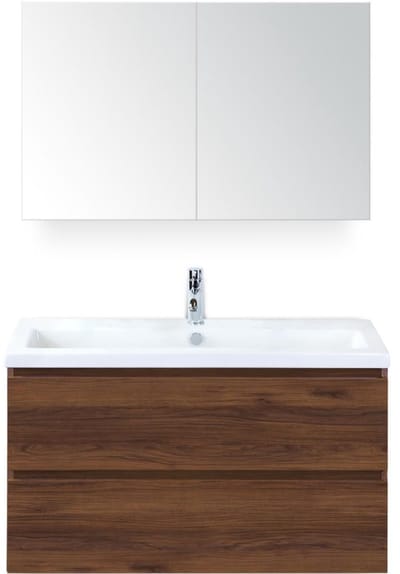 Vogue Badmeubelset 100 cm - Greeplijst in Kleur - Walnoot - Keramische Wastafel Wit 1 Kraangat met Spiegelkast