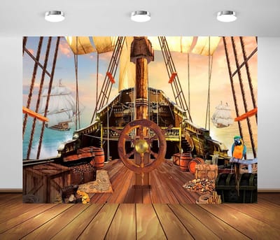 Thema Feest Decoratie Achtergrond: Piratenschip, Houten Roer, Schatkist en Oceaan