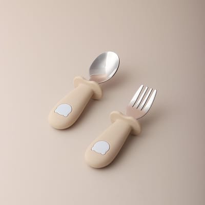 Baby panda vorm siliconen lepel en vork roestvrijstalen babyvoedingslepel beige
