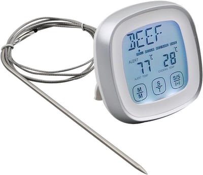 SnelShoppen - Digitale Vlees Thermometer met Instant Read, Touchscreen, Timer en Alarm Probe voor Keuken, BBQ, Oven en Smoker - Zilver