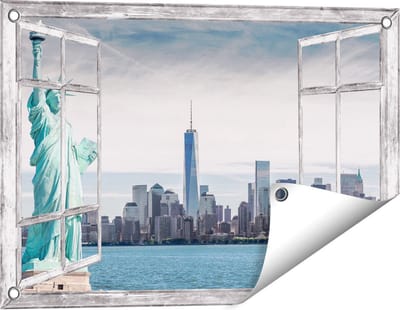 Gards Tuinposter Doorkijk Vrijheidsbeeld in New York - 60x40 cm - Tuindoek - Tuindecoratie - Wanddecoratie buiten - Tuinschilderij