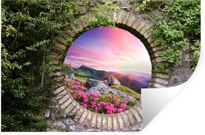 Muurstickers - Sticker Folie - Landschap - Bloemen - Doorkijk - Berg - 30x20 cm - Plakfolie - Muurstickers Kinderkamer - Zelfklevend Behang - Zelfklevend behangpapier - Stickerfolie
