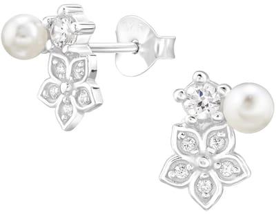 Joy|S - Zilveren bloem oorbellen met ronde zirkonia en een witte parel - 9 x 7 mm - oorknoppen - sterling zilver 925