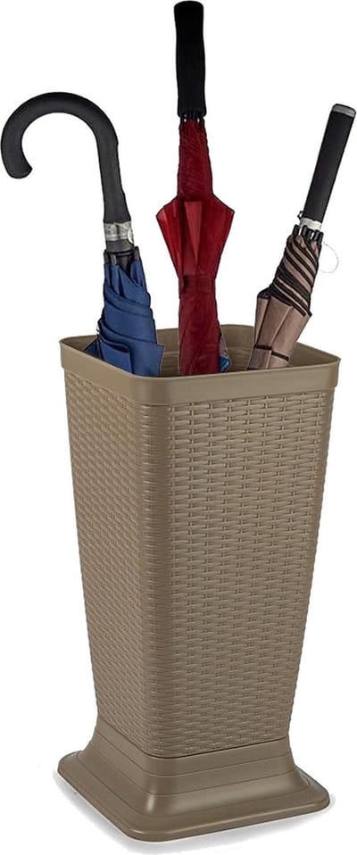 Plasticforte Paraplubak/parapluhouder - beige - rotan gevlochten kunststof - D26 x H52 cm - op verhoogde voet - uitlekbak