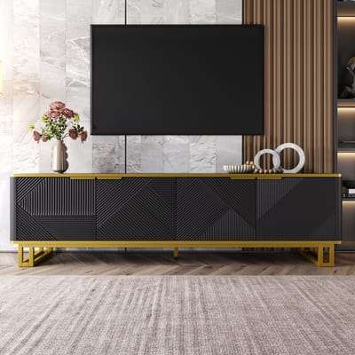 TV Meubel 160 cm, Met Geometrisch 3D Patroon, 4 Deuren, Laag Design, Zwart met Gouden Accenten, 160x37.5x48 cm