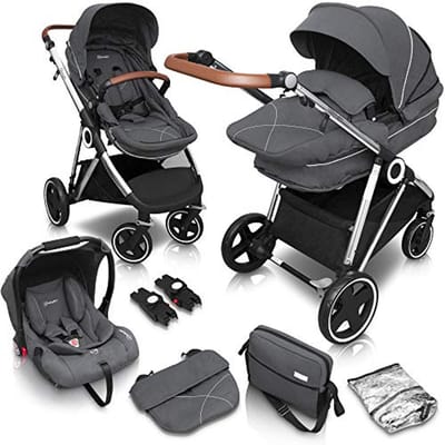 3-in-1 Kinderwagen met Zilveren Frame - Combi Kinderwagenset voor Baby's - Inclusief Sportstoel, Babybadje en Autozitje