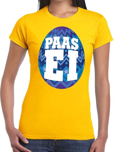 Geel Paas t-shirt met blauw paasei - Pasen shirt voor dames - Pasen kleding S