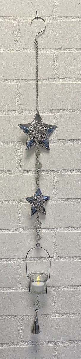 Deco theelichthouder "Kerst" met metalen ketting - Zilveren Kerstster - zilverkleurig - lengte 95 cm - exclusief theelicht - Woondecoratie - Theelichthouder - Feestversiering - Kerst