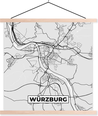 Posterhanger incl. Poster 40x40 cm - Schoolplaat - Duitsland - Stadskaart - Plattegrond - Würzburg - Kaart - Textielposter - Blanke latten - Stadskaart