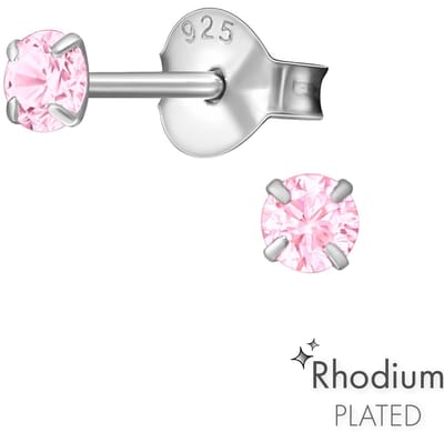 Joy|S - Zilveren ronde oorbellen 3 mm - roze zirkonia - gehodineerd / rhodium - kinderoorbellen