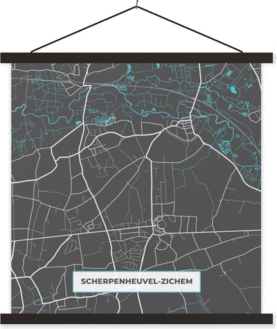 Posterhanger incl. Poster 60x60 cm - Schoolplaat - België – Scherpenheuvel Zichem – Stadskaart – Kaart – Blauw – Plattegrond - Textielposter - Zwarte latten - Stadskaart