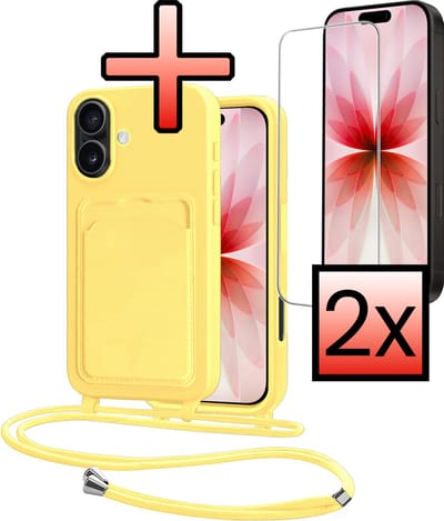 Hoes Geschikt voor iPhone 17 Hoesje Pasjeshouder Cover Met Koord Case Siliconen Hoes Met Telefoonkoord en Kaarthouder Met 2x Screenprotector - Geel