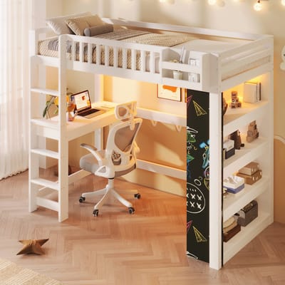 Hoogslaper 90x200 cm - met schoolbord - bureau - boekenplank - opbergvakjes en LED-verlichting - zonder matras - wit