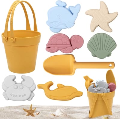 Zand Speelgoed Set voor Kinderen, 8 Delige Silicone Strand Speelset met Emmer, Schep en Vormpjes voor 2-5 Jaar