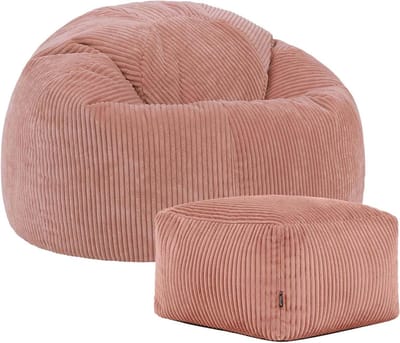 Zitzak met Hocker - Zitkussen Poef - Ontspannen Zitten - Zachte Corduroy Stof - Inclusief Vulling - Roze