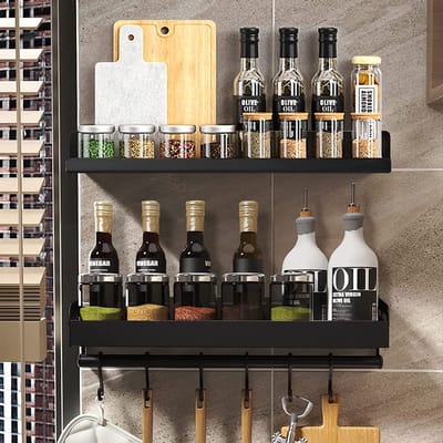MONTKIARA Kruidenrek, keukenrek, wand zonder boren, set van 2, 40 cm, hangend kruidenrek, met 6 afneembare haken, kruidenrek, organizer voor specerijen, kruidenrek voor badkamer en keuken, zwart