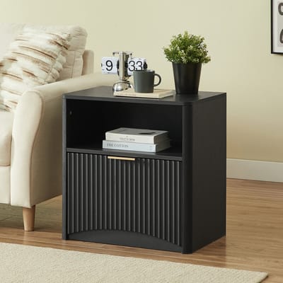 Clruro Nachtkastje - Geribbeld Design met Open Lade en Gouden Grepen - Zwart