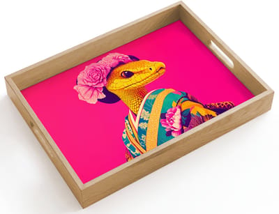 Dienblad hout 40x30 cm - Schootdienblad - Hagedis - Bloemen - Roze - Kimono - Borrelplank rechthoek - Plateau dienbladen