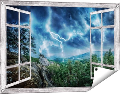 Gards Tuinposter Doorkijk Onweer in het Bos - Bliksem - 90x60 cm - Tuindoek - Tuindecoratie - Wanddecoratie buiten - Tuinschilderij