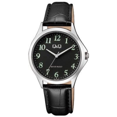 Q&Q Q93A-003PY - Horloge - Analoog - Unisex - Leren band - Rond - Metaal - Cijfers - Zwart - Zilverkleurig - Crème - 3 ATM
