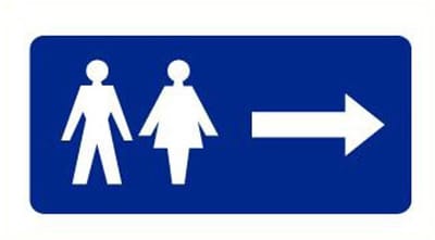 Toilet sticker met pijl naar rechts, blauw 300 x 150 mm