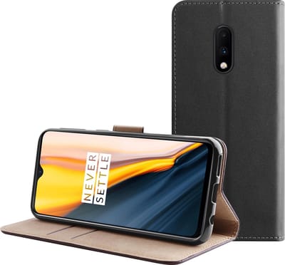 BMAX Leren book case hoes geschikt voor OnePlus 7 / Lederen book cover / Beschermhoesje / Telefoonhoesje / Hard case / Telefoonbescherming - Zwart