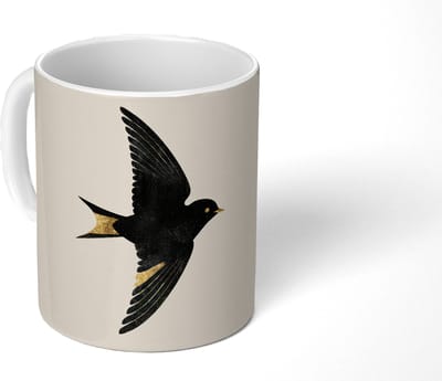 Mok - Koffiemok - Zwarte zwaluw - Gouden accenten - Lichte achtergrond - Mokken - 350 ML - Beker - Koffiemokken - Theemok