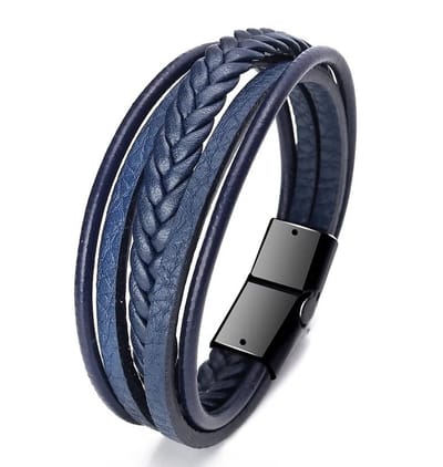 EmmyRovi Herenarmband Donkerblauw Leer 21 cm – Gevlochten Armband met Zwarte Sluiting