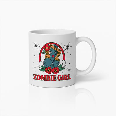 Zombie Girl Mok – 330ml Retro Tattoo Stijl Koffiebeker – Stoer Gotisch Cadeau voor Halloween & Horrorliefhebbers