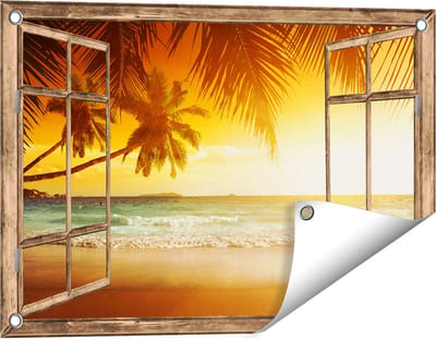 Gards Tuinposter Doorkijk Tropisch Strand tijdens Zonsondergang - 60x40 cm - Tuindoek - Tuindecoratie - Wanddecoratie buiten - Tuinschilderij