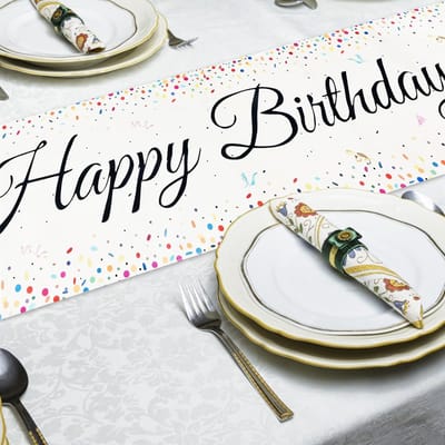 Dailygoods- Tafelloper 33 x 183 cm - Linnen - Happy Birthday - Veelkleurige Confetti - Herbruikbaar - Antislip Stof - Tafelkleed