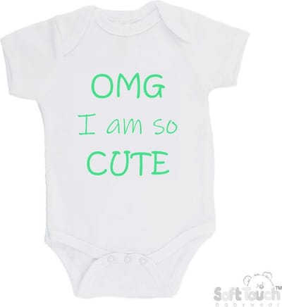 100% katoenen Romper "OMG I am so CUTE" Unisex Katoen Wit/mint Maat 56/62