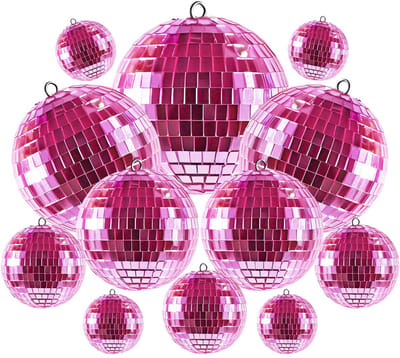 Discoballen, 12 stuks, disco-spiegelbal, zilveren mini-discoballen, discobal, spiegelbal voor kerstboomdecoratie, lichteffect, bruiloft, thuis, feest (10/7/5/3/2 cm) (roze)
