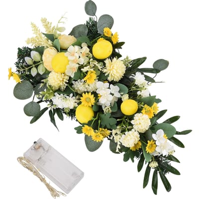 Couronne de Citrons de Printemps Couronne de Goutte d'Eau Citrons Artificiels avec Pivoines Feuilles Vertes Décoratives black