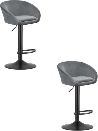 Set van 2 Barkrukken EAST – Velvet Grijs - Zwarte Basis - Rugleuning, Verstelbare Hoogte, 360° Draaibaar, Comfortabele Voetsteun, Modern Design, Max. 110 kg