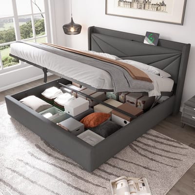 MEUNIQ tweepersoonsbed 180x200 met opbergruimte, USB en Type-C in hoofdbord, lattenbodem, grijs bedframe voor slaapkamer, zonder matras