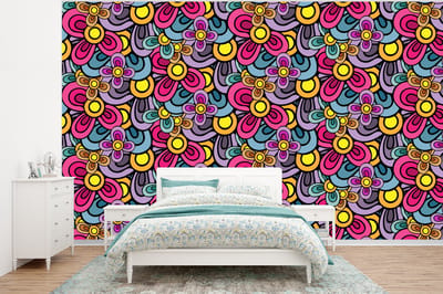 Behang - Fotobehang Patroon - Hippie - Bloemen - Paars - Breedte 320 cm x hoogte 240 cm