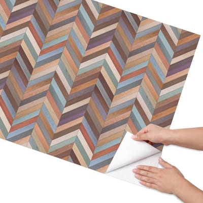 Coloray Meubel Wrap Folie - Bruin Meubelfolie - 75x150 cm - Decoratiefolie Kleurrijk visgraatpatroon - Meubel Wrap Folie - Geometrische Meubelfolie - Plakfolie Meubels - Keuken decoratie - Achtergronden en patronen