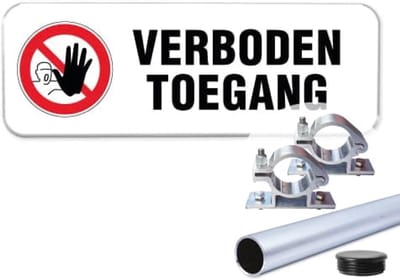 Verboden Toegang bord - Weerbestendig Aluminium - 40x15 cm - Bevestiging: Met paal 120 cm + paalbeugels + paaldop