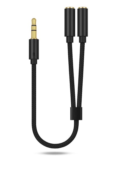 Audio Splitter 3.5mm Aux naar 2x Jack Female Koptelefoon Splitter - Gevlochten - 25cm - Zwart