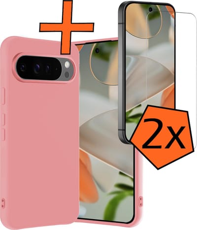 Hoes - Met 2x Screenprotector - Geschikt voor Google Pixel 9 Pro - Sterk & Shockproof - Back Cover - Siliconen Case - Telefoon Hoes - Lichtroze