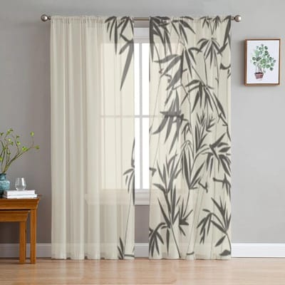 Abstracte Bloemen met Bamboe Tule Transparante Gordijnen voor Woonkamer de Kamer Slaapkamer Keuken Decoratie Voile Organza Gordijnen 135W x 114H(cm) white