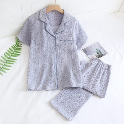 Lente en Zomer Nieuwe Damespyjama Korte Mouwen Broek Tweedelige Set 100% Katoen Crêpe Klein Bloemenprint Eenvoudig Huispak L gray