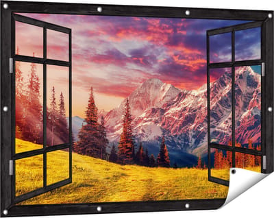 Gards Tuinposter Doorkijk Alpen Landschap met een Kleurrijke Hemel - 120x80 cm - Tuindoek - Tuindecoratie - Wanddecoratie buiten - Tuinschilderij