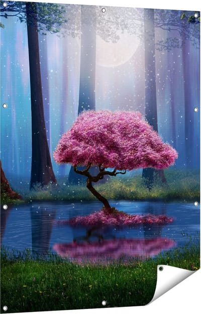 Gards Tuinposter Roze Boom op een Vijver in de Nacht - 90x120 cm - Tuindoek - Tuindecoratie - Wanddecoratie buiten - Tuinschilderij
