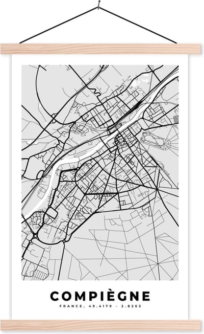 Posterhanger incl. Poster 40x60 cm - Schoolplaat - Compiègne - Plattegrond - Frankrijk - Kaart - Stadskaart - Textielposter - Blanke latten - Stadskaart