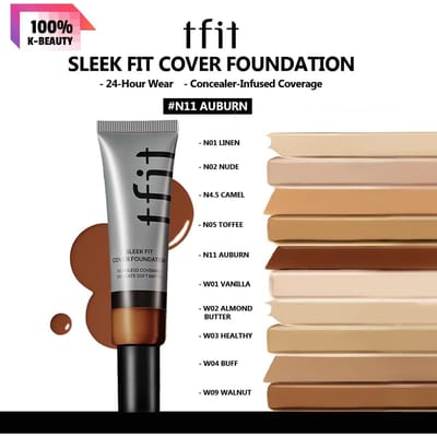 TFIT SLEEK FIT COVER FOUNDATION 30g N01/N02/N4.5/N05/N11, Gladde Matte Textuur, Langdurige Basis Make-up, Koreaanse Cosmetica, Koreaanse Make-up N11 AUBURN