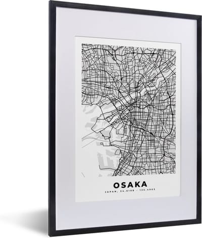 Fotolijst incl. Poster Zwart Wit- Osaka - Stadskaart - Zwart Wit - Plattegrond - Kaart - 30x40 cm - Posterlijst